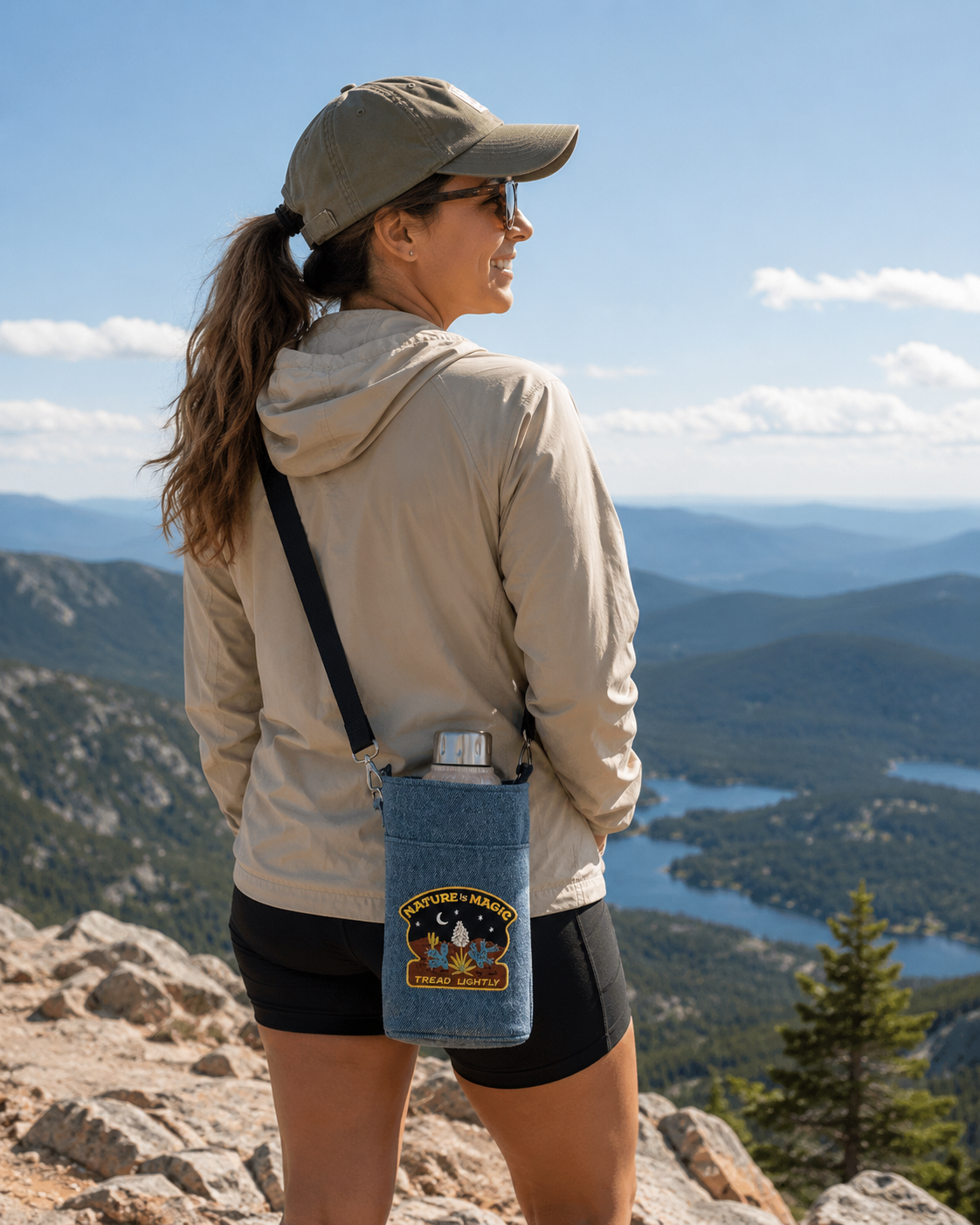 Denim Water Bottle Carrier with Crossbody Strap and Front Pocket, Hands-free Hydration Bag, Customizable Patch Detail