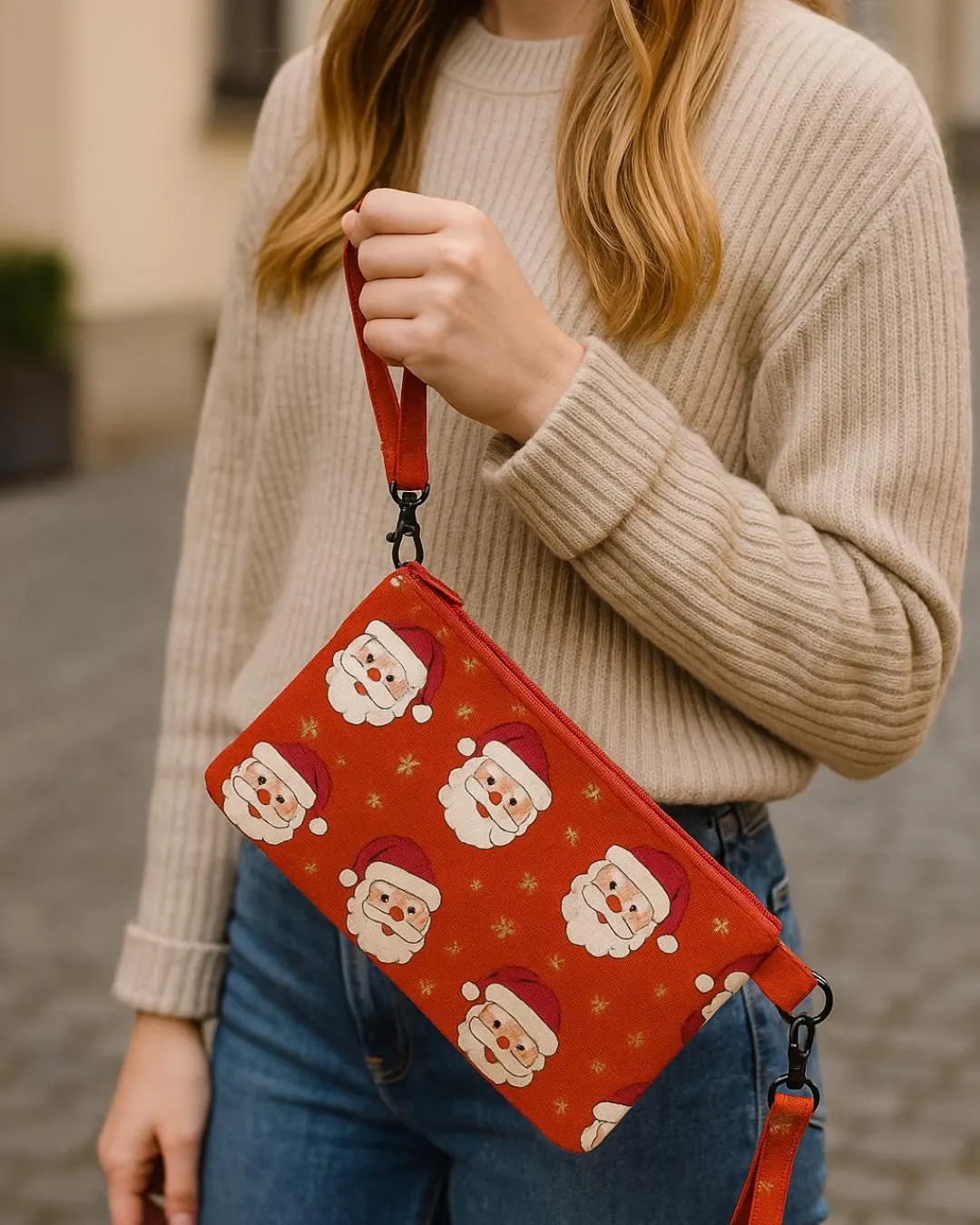 Christmas Wristlet Purse, Zippered Phone Pouch Clutch, Handmade Cotton Holiday Wristlet, Cruise Gift