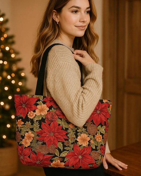 Colorful Holiday Tote Bag, Reusable Cotton Market Carryall, Handmade Fabric Tote, Festive Shopping Bag, Creative Holiday Accessory